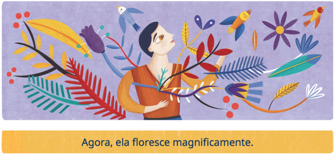 ilustrao de mulher com ramos de rvores e flores e pssaros